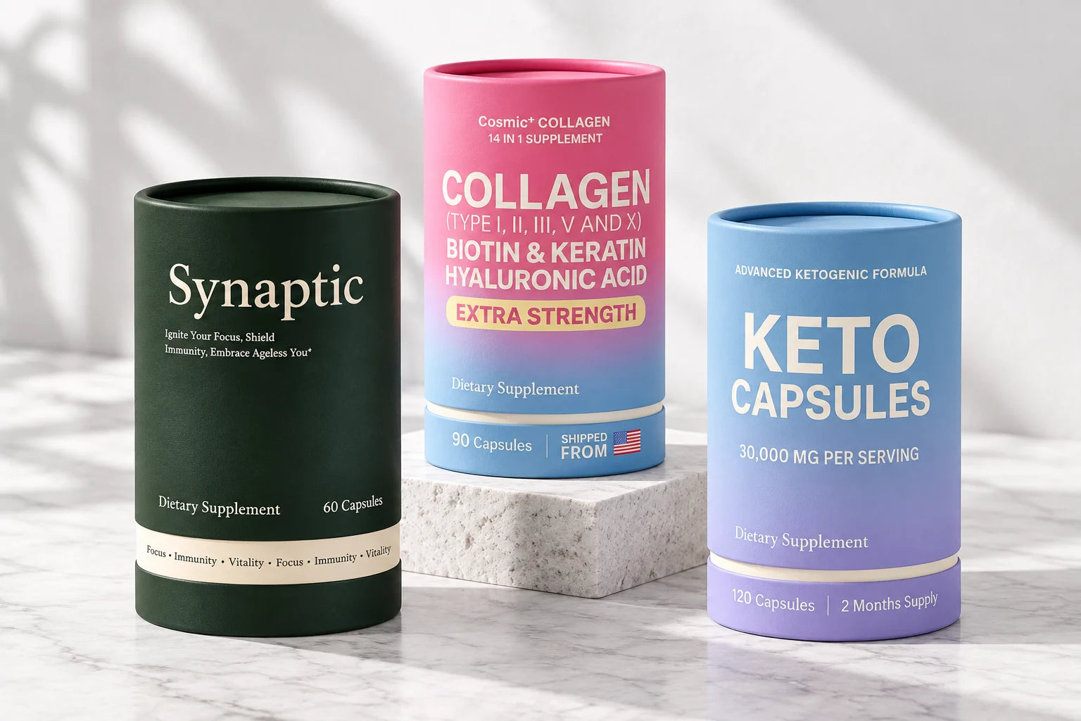 Synaptic, Cosmic Collagen and Keto Capsules cylinder packaging arranged in a bright studio